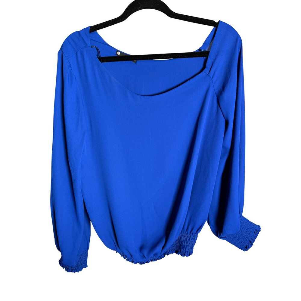krisa Smocked Waist Blouse Women Medium Blue Polyester Boho K-2448MW‎